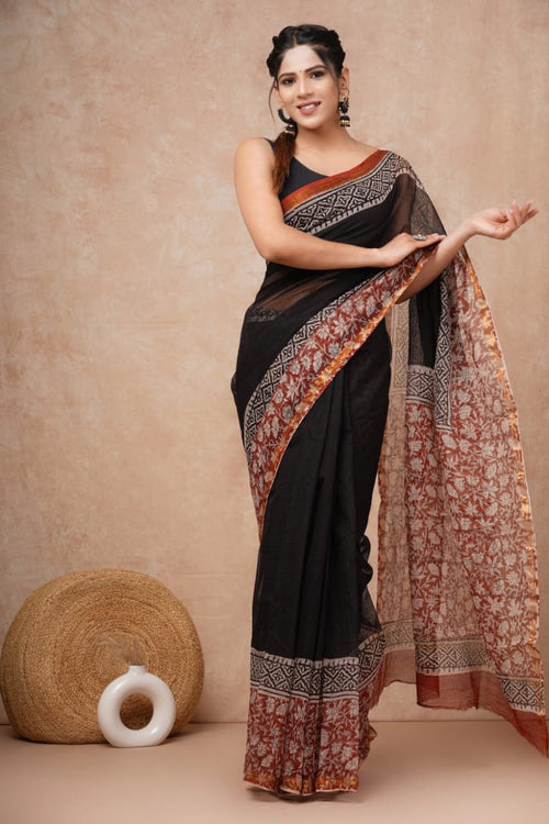 Black & Maroon Floral Motif Bagru Hand Block Print Kota Doriya Silk Saree With Blouse Piece