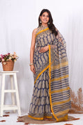Blue & Yellow Paisley Motif Bagru Hand Block Print Kota Doriya Silk Saree With Blouse Piece