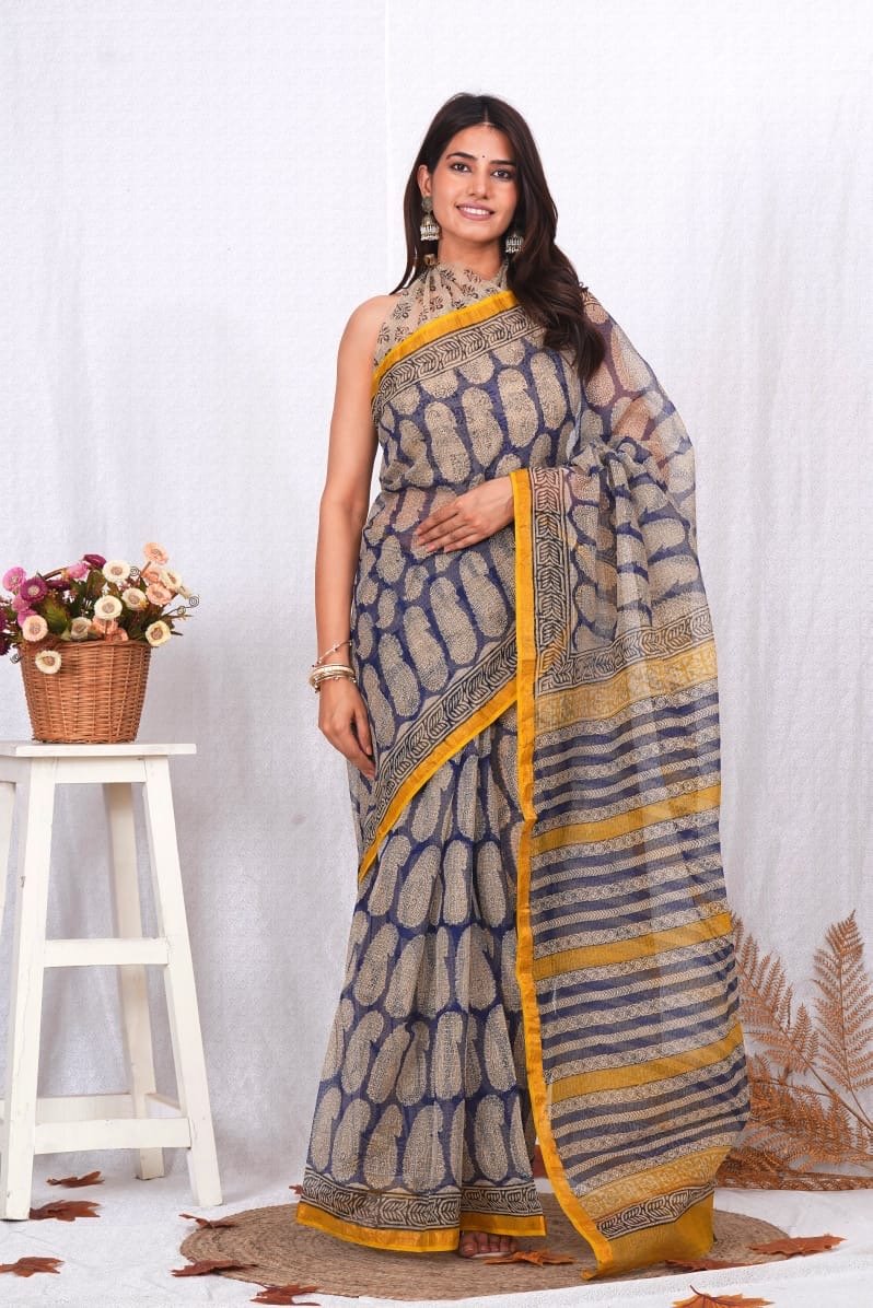 Blue and yellow saree with floral Bagru hand block print motif