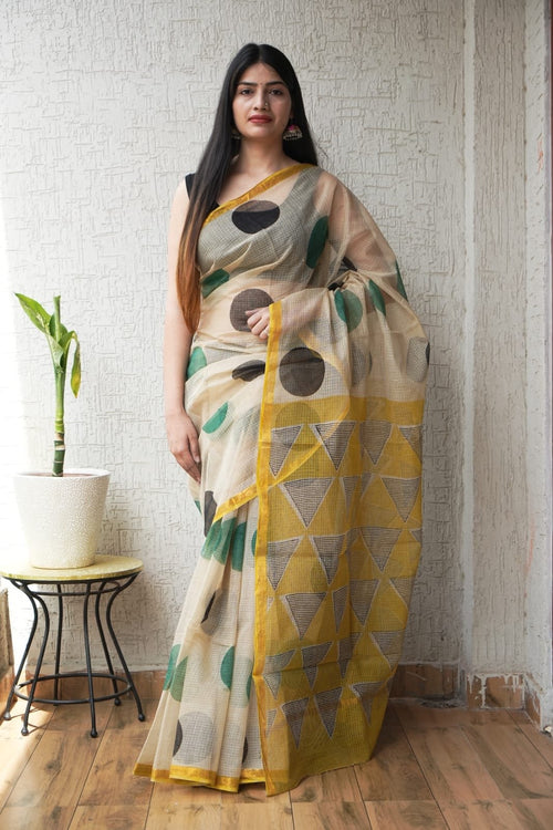 Beige & Yellow Geometric Bagru Hand Block Print Kota Doriya Silk Saree With Blouse Piece