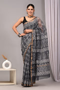 Black & White Geometric Chevron Bagru Hand Block Print Kota Doriya Silk Saree With Blouse Piece