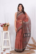 Rust & Black Floral Buti Bagru Hand Block Print Kota Doriya Silk Saree With Blouse Piece