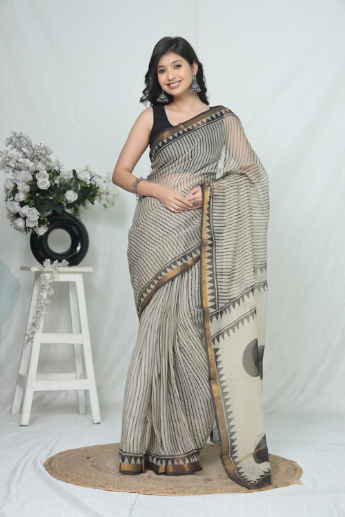 Black & Beige Geometric Khat Bagru Hand Block Printed Kota Doriya Silk Saree With Blouse Piece