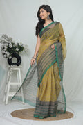 Yellow & Green Floral Buti Bagru Hand Block Print Kota Doriya Silk Saree With Blouse Piece