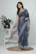 Deep Blue & Off-White Floral Buti Bagru Hand Block Print Kota Doriya Silk Saree With Blouse Piece