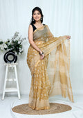Golden & Off-White Floral Buti Bagru Hand Block Print Kota Doriya Silk Saree With Blouse Piece