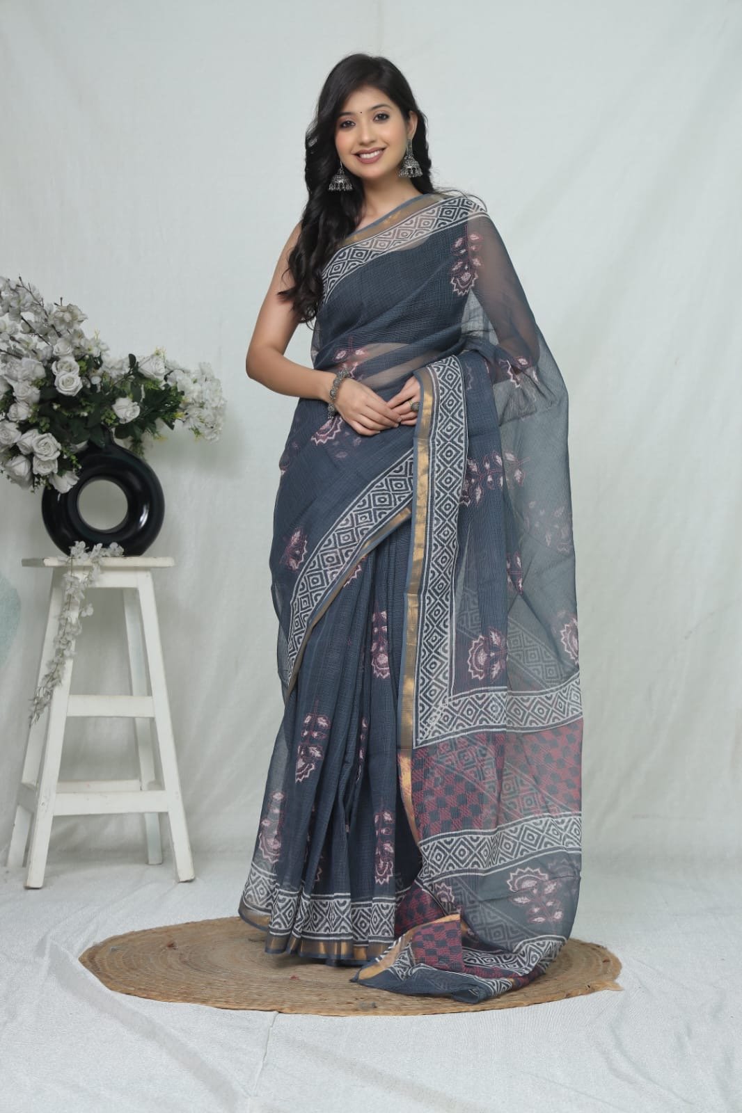 Navy blue saree with floral and geometric Bagru hand block print design