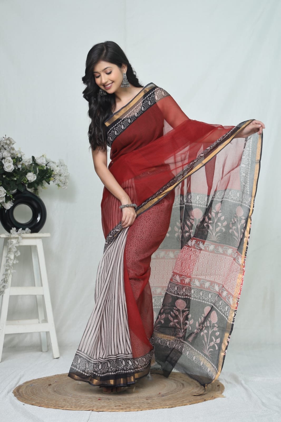 Red and black floral Bagru hand block print Kota Doriya silk saree