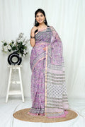 Lavender & Off-White Floral Jaal Bagru Hand Block Print Kota Doriya Silk Saree With Blouse Piece