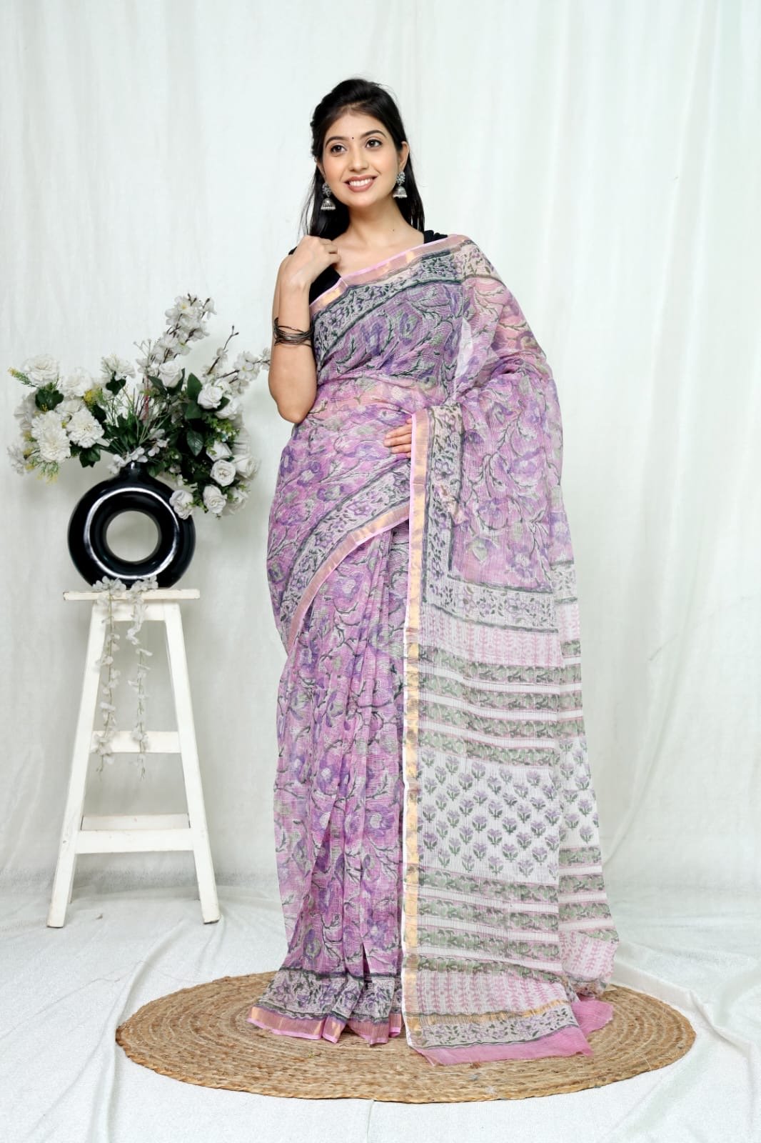 Lavender saree with floral Bagru hand block print and khat texture