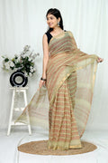 Beige & Red Floral Buti Bagru Hand Block Print Kota Doriya Silk Saree With Blouse Piece