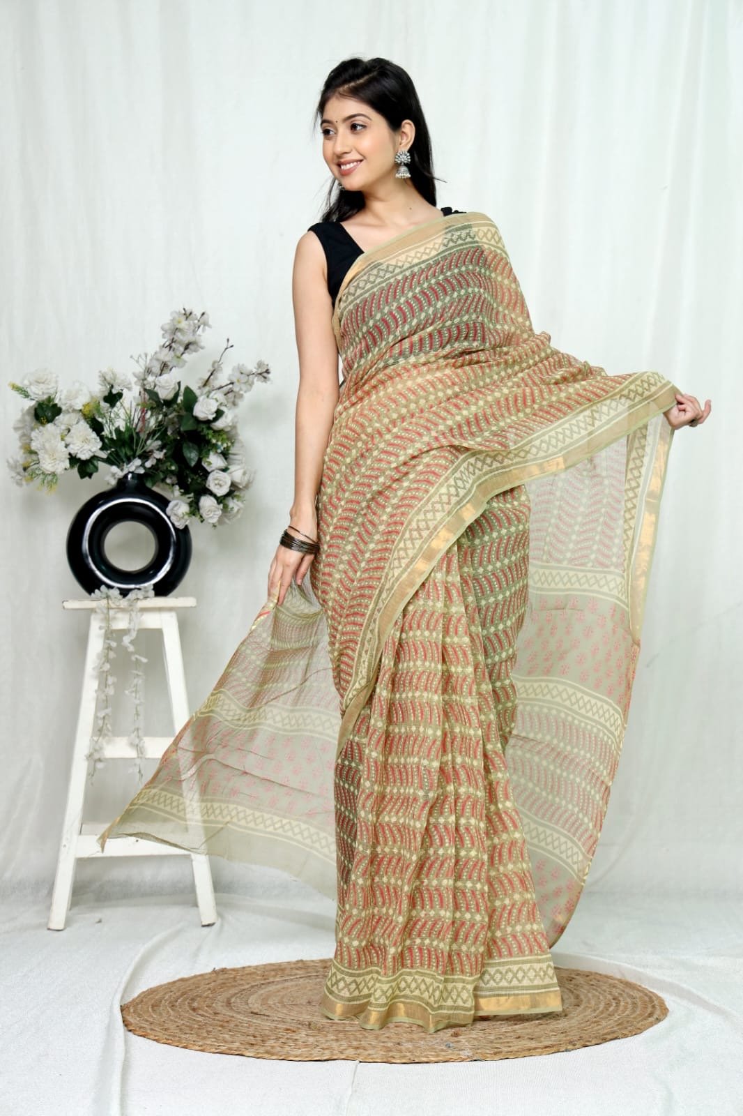 Beige and red floral Bagru hand block print Kota Doriya saree with border