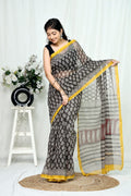 Black & Yellow Floral Buti Bagru Hand Block Print Kota Doriya Silk Saree With Blouse Piece