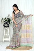 Multicolor floral Bagru hand block print Kota Doriya silk saree with distinctive border