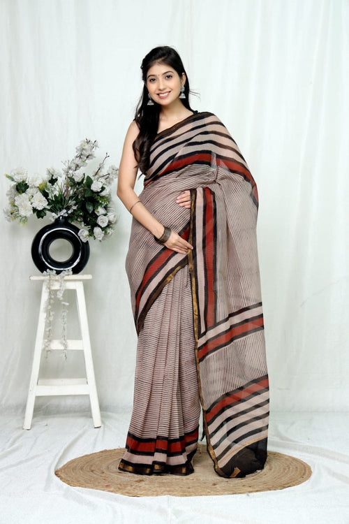 Beige & Black Striped Bagru Hand Block Printed Kota Doriya Silk Saree With Blouse Piece