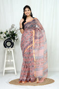 Peach & Grey Floral Buti Bagru Hand Block Print Kota Doriya Silk Saree With Blouse Piece