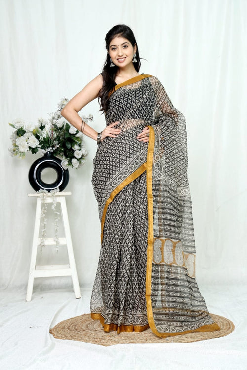 Black & Mustard Floral Jaal Bagru Hand Block Print Kota Doriya Silk Saree With Blouse Piece