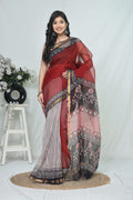 Red & Black Floral Motif Bagru Hand Block Print Kota Doriya Silk Saree With Blouse Piece