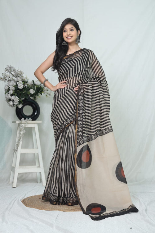 Black & Beige Striped Motifs Bagru Hand Block Print Kota Doriya Silk Saree With Blouse Piece