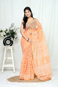 Peach & White Floral Buti Bagru Hand Block Print Kota Doriya Silk Saree With Blouse Piece