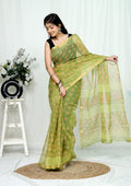 Green & Peach Floral Buti Bagru Hand Block Print Kota Doriya Silk Saree With Blouse Piece