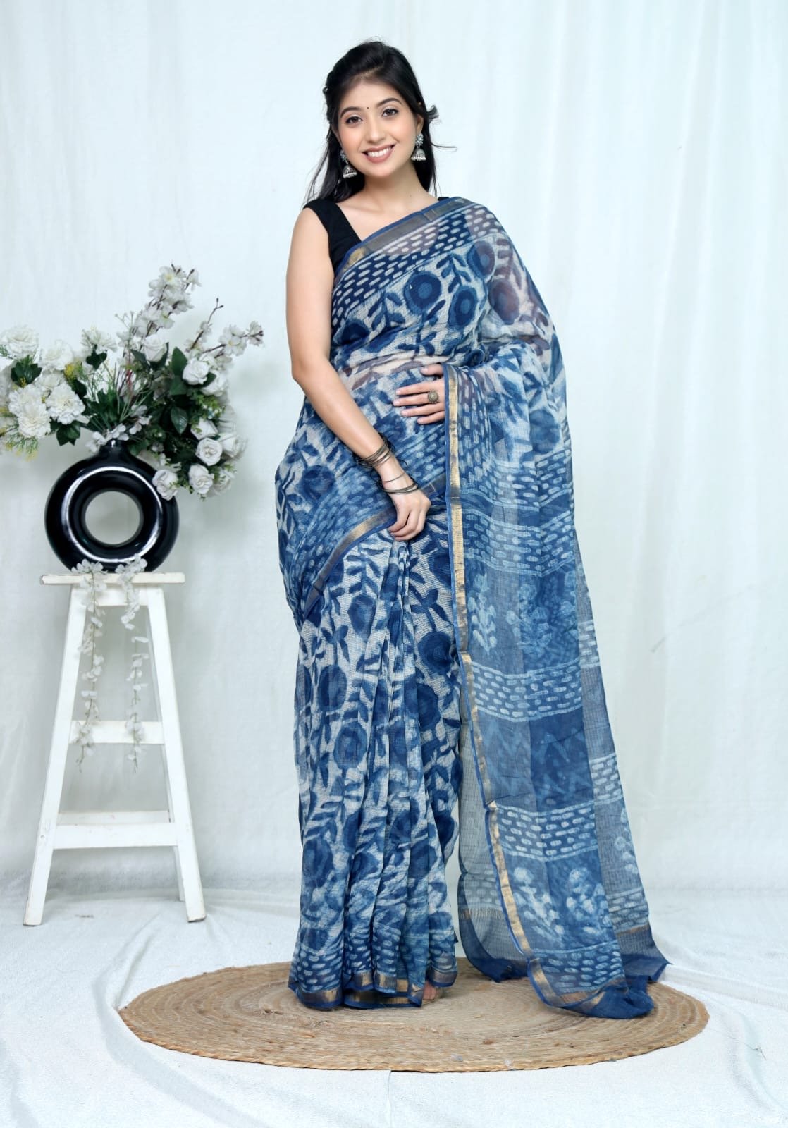 Blue Kota Doriya saree with floral Bagru hand block print design