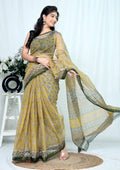 Mustard Yellow & Olive Green Floral Buti Bagru Hand Block Print Kota Doriya Silk Saree With Blouse Piece