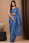 Blue Assam Silk saree with geometric hand block print design