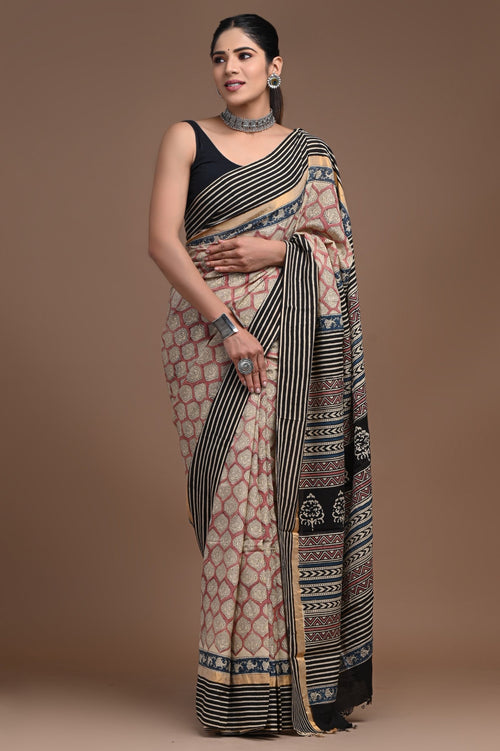 Black & Beige Geometric Hand Block Print Assam Silk Saree With Blouse Piece