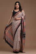 Cream saree with red floral motifs, black border, Bagru hand block print