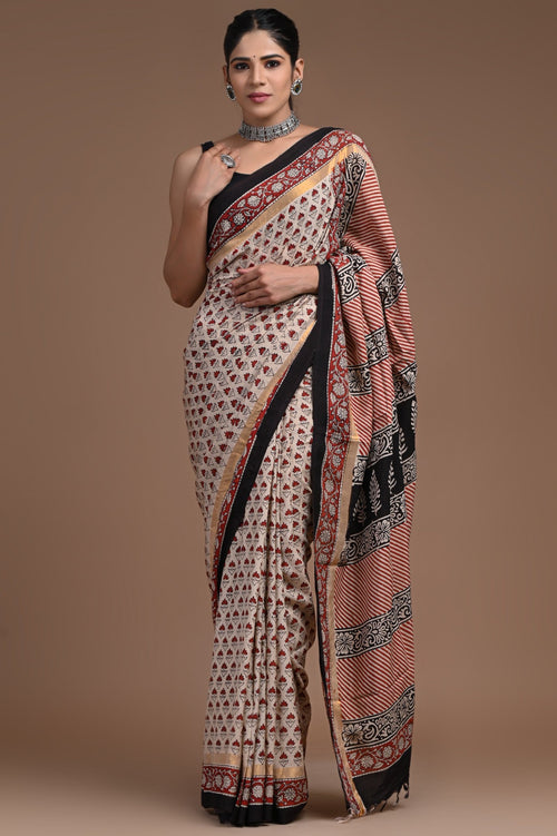 Beige & Red Floral Buti Hand Block Print Assam Silk Saree With Blouse Piece