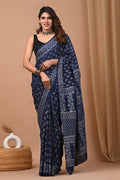 Navy blue saree with floral patterns and white block print