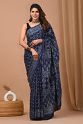 Navy blue saree with geometric hand block print motif