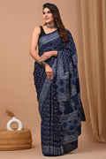 Midnight blue saree with geometric and floral hand block patterns