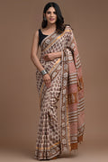 Ivory saree with rust floral and geometric hand block print motifs