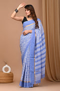 Blue saree with geometric hand block print and silk-like sheen