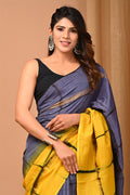 Blue and yellow saree with abstract hand block print motif
