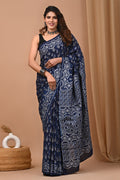 Navy saree with floral and geometric hand block print pattern
