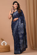 Navy blue saree with floral and jaal motifs in hand block print