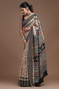 Beige & Black Floral Buta Hand Block Print Assam Silk Saree With Blouse Piece