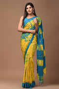 Yellow and teal saree with geometric hand block print and a lustrous finish