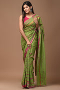 Green and pink striped saree with hand block print design
