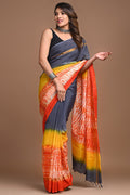 Saree with grey, orange, and yellow colours featuring Bandhani motifs