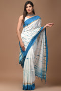 Saree with blue and white geometric block print and blue border