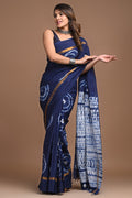 Navy blue saree with tie-dye patterns and golden borders