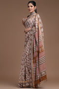Ivory saree with brown floral and geometric hand block print motifs
