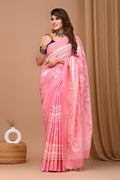 Pink saree with geometric patterns and Bagru hand block print