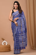 Blue saree with floral and geometric hand block print motifs