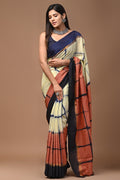 Ivory and terracotta saree with checkered hand block print motifs