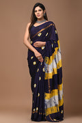 Navy and yellow saree with buta motifs and elegant golden border